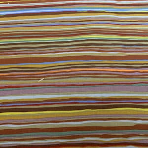 May include: Striped fabric featuring a range of colours, including brown, orange, yellow, blue, and grey. The fabric has a horizontal stripe pattern.