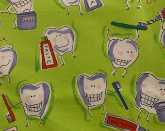 Dentist fabric, tooth cotton fabric Lauren Lee, cutest dentist hygienist teeth toothbrush  fabric, sold by the yard