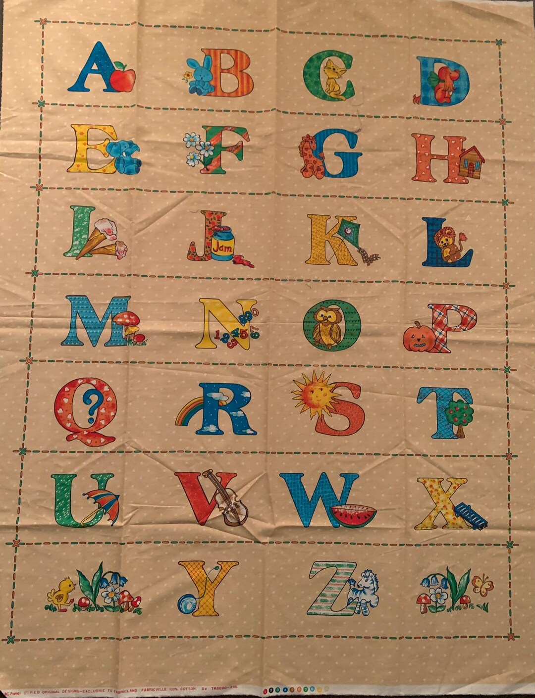 Alphabet Panel, Vintage Toys Children ABC Panel Cotton Fabric Panel Abc ...