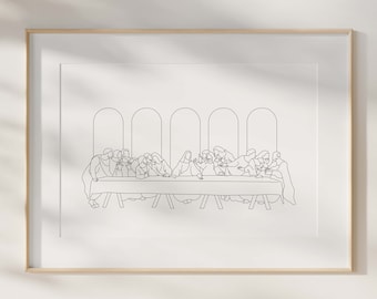 May include: A black and white line drawing of the Last Supper. The image is framed and hanging on a white wall.