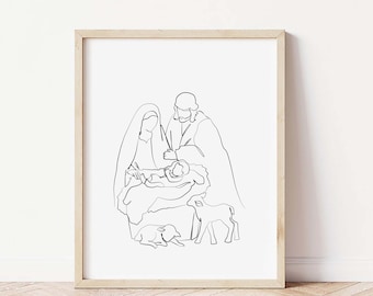 May include: A black and white line drawing of the Holy Family, Mary, Joseph, and baby Jesus, with two lambs. The drawing is on a white background.
