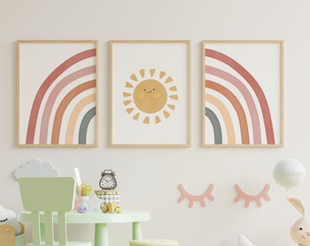 Boho Rainbow Nursery Print Set: Neutral Sun Decor (Digital Download)