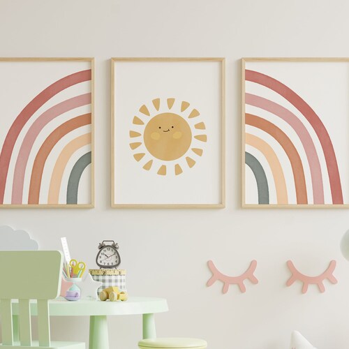 Set of 3 Nursery Print Boho Nursery Art Rainbow Print Boho Etsy