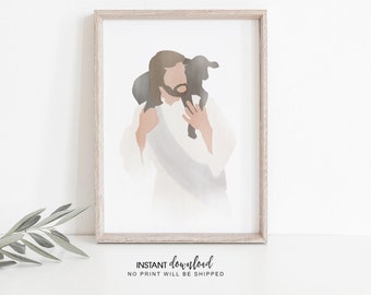 Jesus and Sheep Art Print: Minimalist Christian Wall Art (Digital Download)
