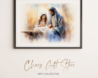 May include: A watercolor painting of the Holy Family. Mary, Joseph, and baby Jesus are depicted in a soft, warm light. The painting is framed in a black frame.