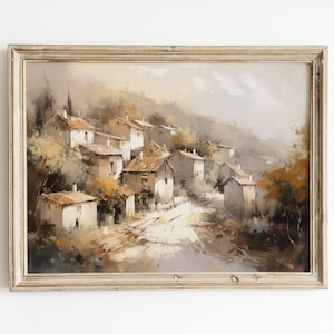 Landscape Oil Painting: Scenic Mountain Village Art (Digital Download)