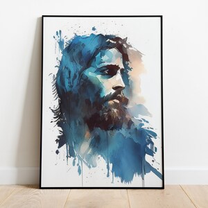 Blue Watercolor Jesus Portrait Art Print (Digital Download)