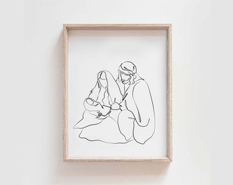 May include: A black and white line drawing of the Holy Family. Mary is holding baby Jesus and Joseph is standing behind them.