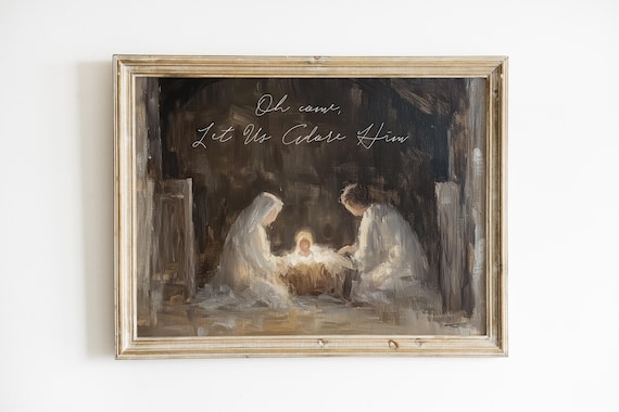 Nativity Scene Christmas Art Print: Oil Painting Holiday Decor (Instant Download)