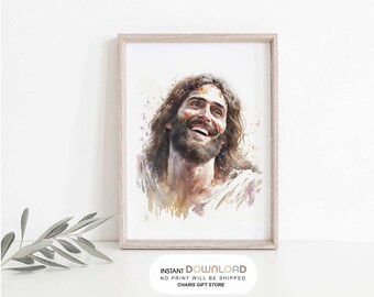 Retrato de Cristo Riendo: Jesús Alegre en Acuarela (Descarga Digital)