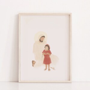 K&ouml;nnte beinhalten: Eine digitale Illustration eines Mannes und eines Kindes. Der Mann tr&auml;gt eine wei&szlig;e Robe und hat einen Heiligenschein. Das Kind tr&auml;gt ein rotes Kleid und hat braunes Haar. Der Hintergrund ist hellrosa.