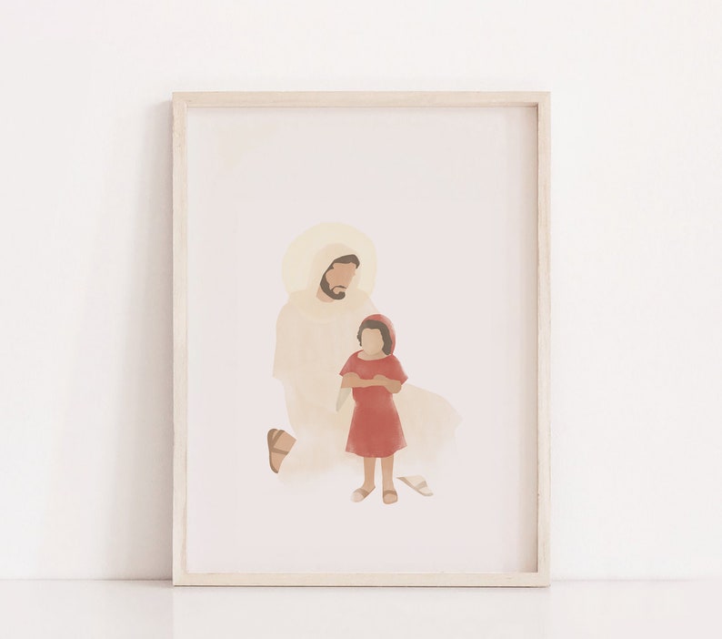 K&ouml;nnte beinhalten: Eine digitale Illustration eines Mannes und eines Kindes. Der Mann tr&auml;gt eine wei&szlig;e Robe und hat einen Heiligenschein. Das Kind tr&auml;gt ein rotes Kleid und hat braunes Haar. Der Hintergrund ist hellrosa.