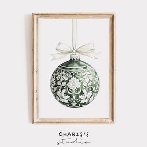 Elegant Green and White Christmas Ornament Printable Wall Art