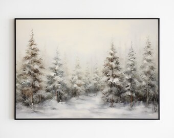 Könnte beinhalten: Ein Gemälde, das eine verschneite Waldszene mit hohen, schneebedeckten Kiefern zeigt. Die Bäume sind in Weiß-, Grau- und Brauntönen gemalt, und der Schnee ist von zarter, weißer Farbe. Das Gemälde strahlt eine ruhige und friedliche Atmosphäre aus.