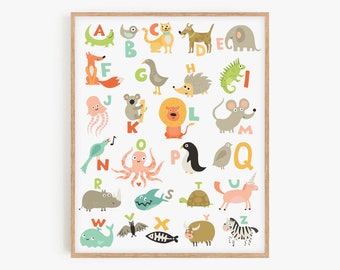 Impression alphabet animaux pour chambre d'enfant : oeuvre d'art murale éducative (téléchargement numérique)