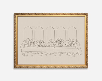 May include: A black and white line drawing of the Last Supper, framed in a gold ornate frame.