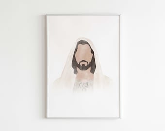 May include: A watercolor painting of a man with a beard and long hair, wearing a white robe. The painting is in a white frame.