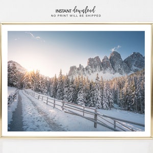 Winter Forest Print: Snowy Pine Trees, Sunrise Landscape (Digital Download)