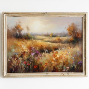 Vintage Wildflower Field Oil Painting: Country Landscape Art (Digital Download)