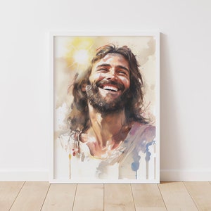May include: A watercolor painting of a man with long brown hair and a beard, smiling with his eyes closed. The background is a light yellow with a sun shining behind him.
