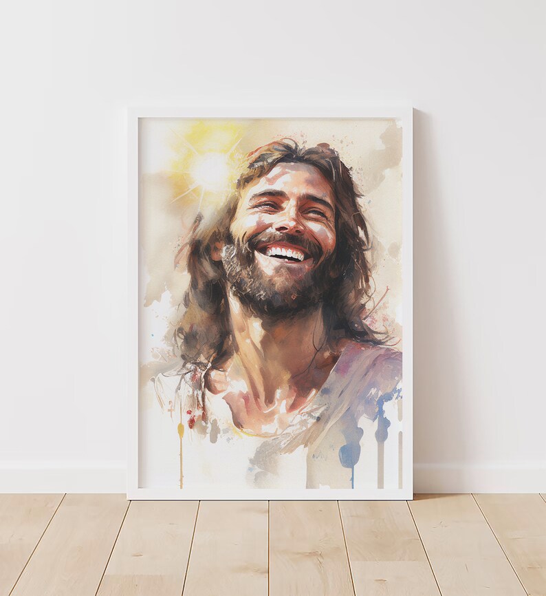 May include: A watercolor painting of a man with long brown hair and a beard, smiling with his eyes closed. The background is a light yellow with a sun shining behind him.
