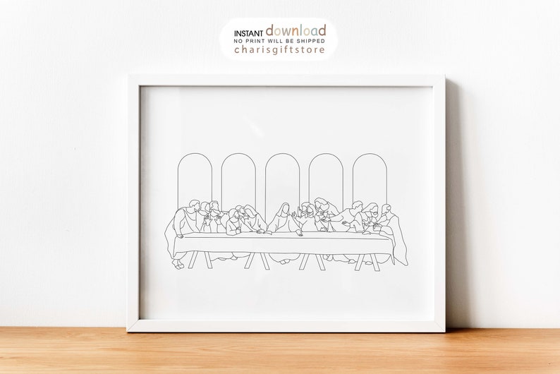 Pu&ograve; includere: Un disegno in bianco e nero dell'Ultima Cena, un famoso dipinto di Leonardo da Vinci. L'immagine rappresenta Ges&ugrave; e i suoi discepoli seduti a tavola, con uno sfondo semplice di archi.