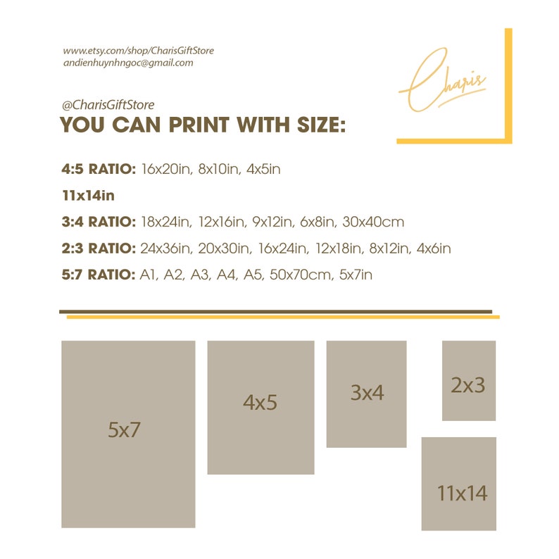 K&ouml;nnte beinhalten: Ein Diagramm, das verschiedene Druckgr&ouml;&szlig;en f&uuml;r Kunstwerke zeigt, darunter 11x14 Zoll, 5x7 Zoll, 4x5 Zoll, 3x4 Zoll und 2x3 Zoll. Das Diagramm enth&auml;lt auch Standardpapierformate wie A1, A2, A3, A4 und A5.