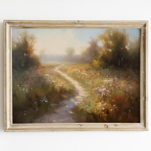 Vintage Wildflower Field Oil Painting: Country Landscape Art (Digital Download)