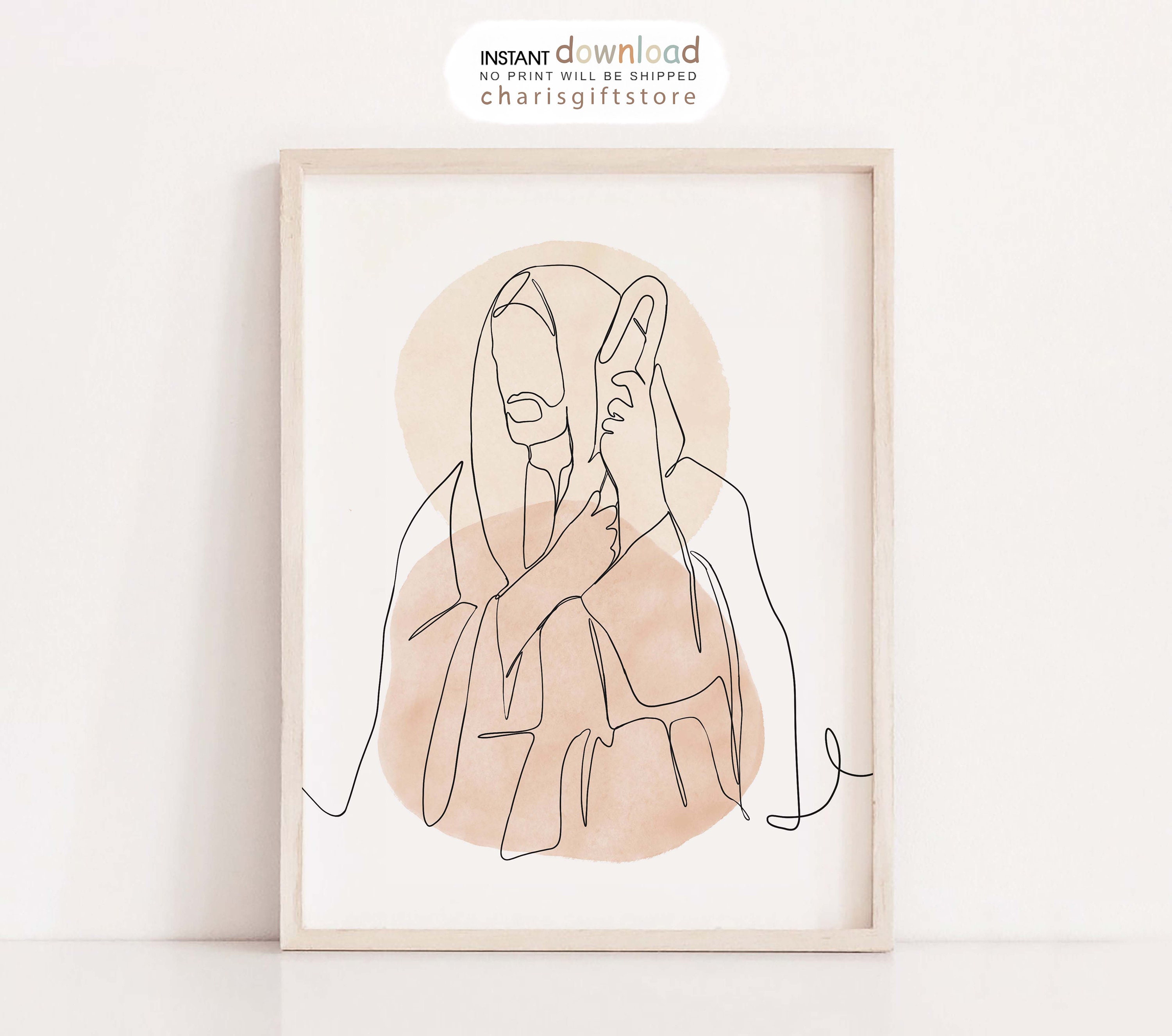 Jesus Portrait Line Art Print: Boho Christian Wall Decor (digital ...