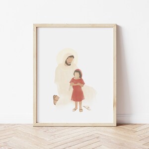 K&ouml;nnte beinhalten: Eine Aquarell-Illustration eines Mannes mit Heiligenschein und einem jungen M&auml;dchen, das neben ihm steht. Der Mann tr&auml;gt eine wei&szlig;e Robe und das M&auml;dchen ein rotes Kleid. Der Hintergrund ist hellbeige.