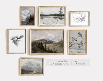 Vintage Winter Landscape Prints Set: Rustic Cabin Decor (Digital Download)