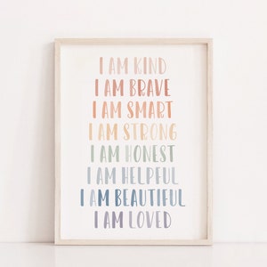 Boho Nursery Decor, Affirmations for Kids, Rainbow Affirmations Print, I am Kind Smart Loved, Inspirational Nursery Decor, Boy nursery decor