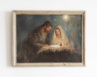 May include: A framed painting depicting the Holy Family. Joseph, Mary, and baby Jesus are depicted in a soft, warm light. The painting is set against a dark blue background with a star shining above the family.