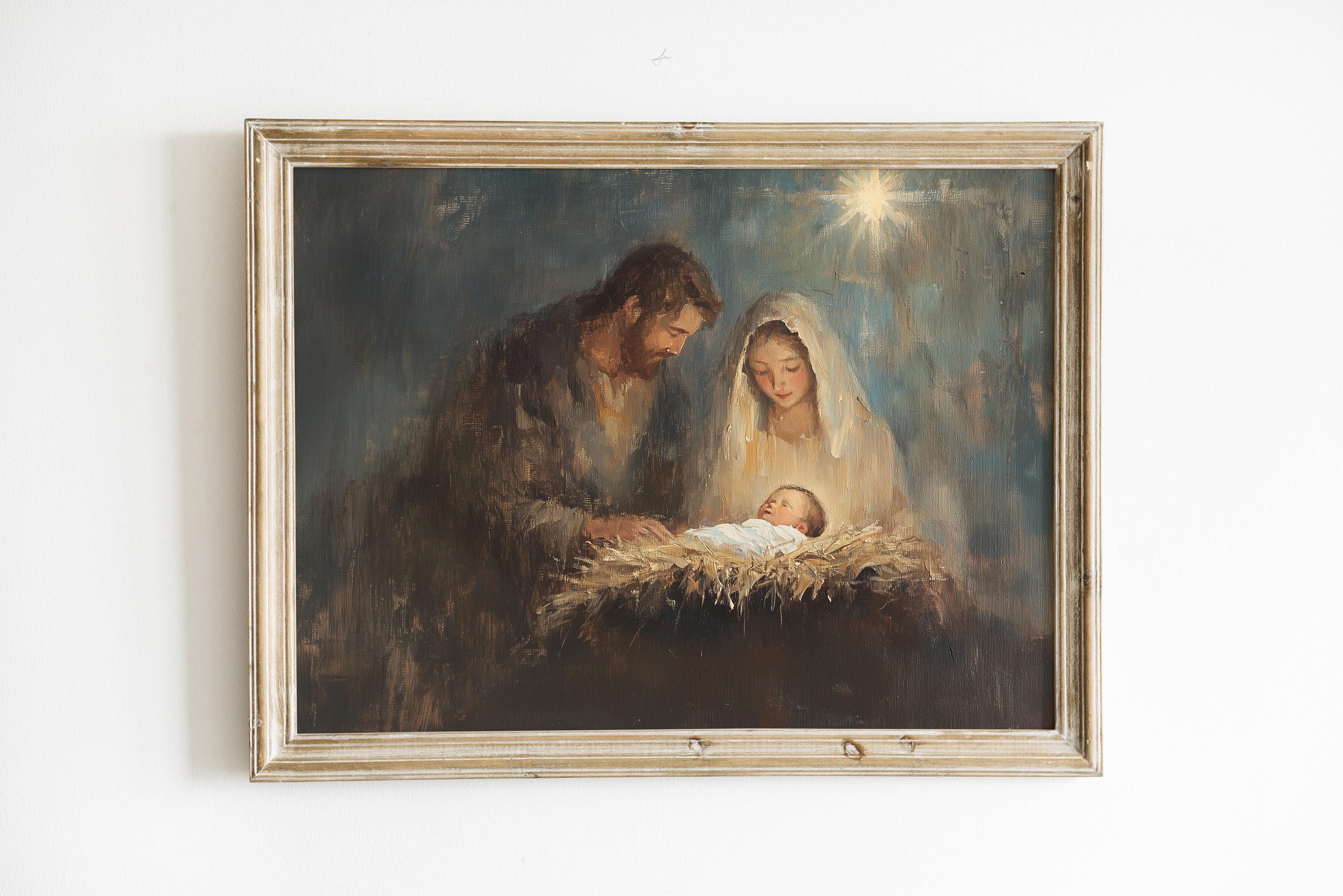 Impression d'art de la Nativité de la Sainte Famille, art mural de Noël classique, peinture de Marie, Joseph et l'enfant Jésus, décoration de fête chrétienne, étoile de Bethléem