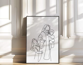 Jesus with Children Line Art Print: Minimalist Christian Decor (Digital Download)