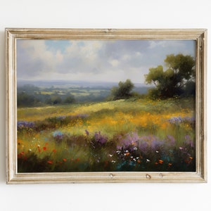 Wildflower Field Landscape Oil Painting: Vintage Art Print (Digital Download)