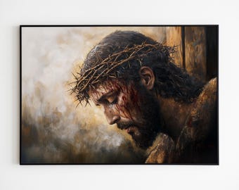 Puede incluir: Una pintura de un hombre con una corona de espinas en la cabeza. Está mirando hacia abajo con una expresión de tristeza. La pintura está hecha en un estilo realista y la cara del hombre está cubierta de sangre.
