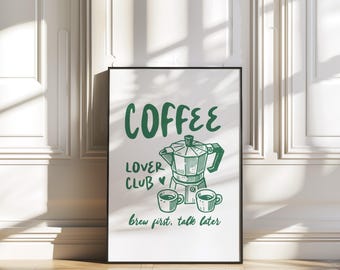 Coffee Lover Club Print: Green Moka Pot Kitchen Art (Digital Download)