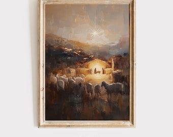 Art mural de Noël crèche, impression de peinture à l&#39;huile hivernale festive, téléchargement numérique de la crèche de Noël, décoration de Noël pour la maison ou le bureau
