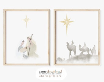 Könnte beinhalten: Zwei Aquarellbilder, die die Weihnachtsgeschichte darstellen. Das erste Bild zeigt Maria, Josef und das Jesuskind. Das zweite Bild zeigt die drei Weisen, die auf Kamelen zu einem Stern reiten.