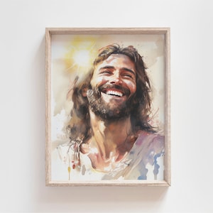May include: A watercolor painting of a man with long brown hair and a beard, smiling and looking up. The painting is framed in a light wood frame.