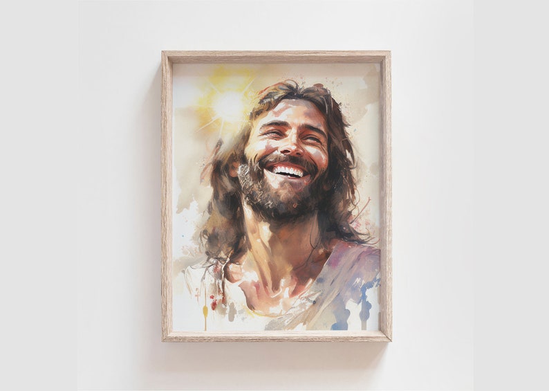 May include: A watercolor painting of a man with long brown hair and a beard, smiling and looking up. The painting is framed in a light wood frame.