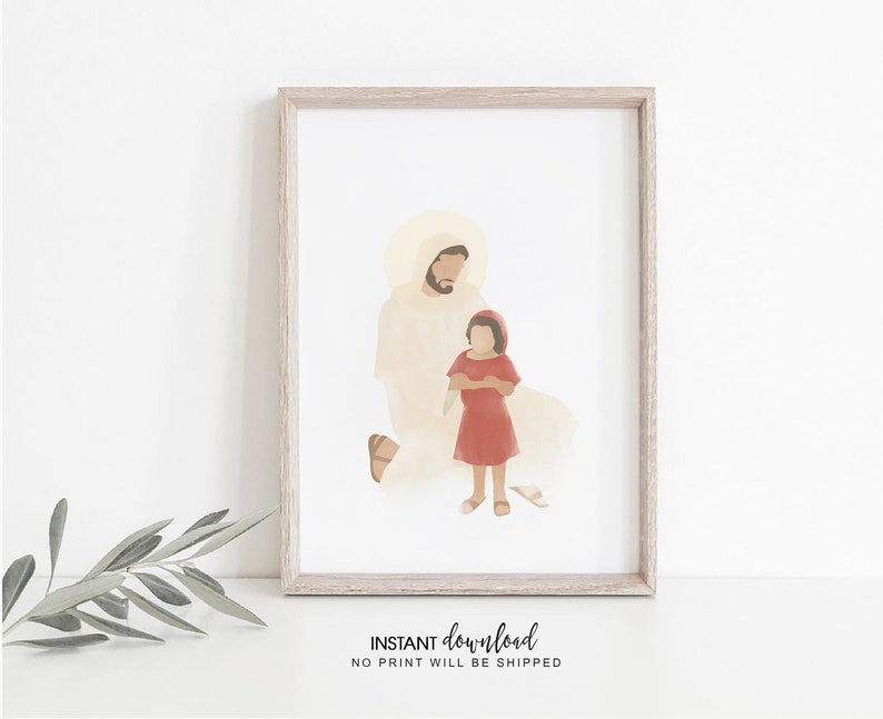 K&ouml;nnte beinhalten: Ein Aquarellbild von Jesus mit einem Heiligenschein, der kniet und ein junges M&auml;dchen in einem roten Kleid h&auml;lt. Das Bild ist in einem hellbraunen Rahmen.