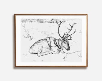 Vintage Reindeer Winter Landscape Print: Nordic Christmas Decor (Digital Download)