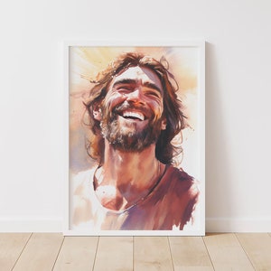 Laughing Christ Watercolor Portrait: Joyful Jesus Art (Digital Download)