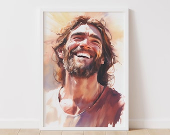 Retrato en acuarela de Cristo sonriente: Arte de Jesús alegre (Descarga digital)