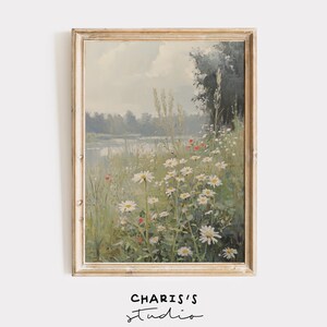 Spring Wildflower Field Printable | Vintage Farmhouse Wall Art | Neutral Spring Landscape Digital Download