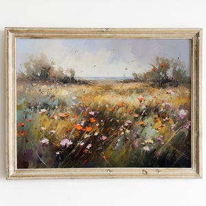 Vintage Wildflower Field Oil Painting: Country Landscape Art (Digital Download)