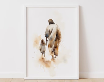 Jesus and Girl Watercolor Painting: Religious Art Print (Digital Download)