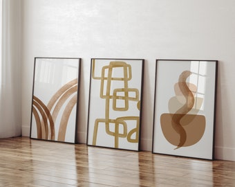 Neutral Abstract Art Prints Set: Beige & Grey Boho Decor (Digital Download)